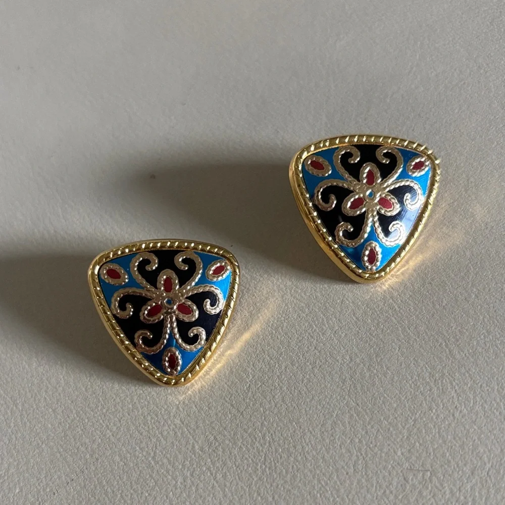 Vintage triangle blue and gold clip on earrings - Picture 1 of 3